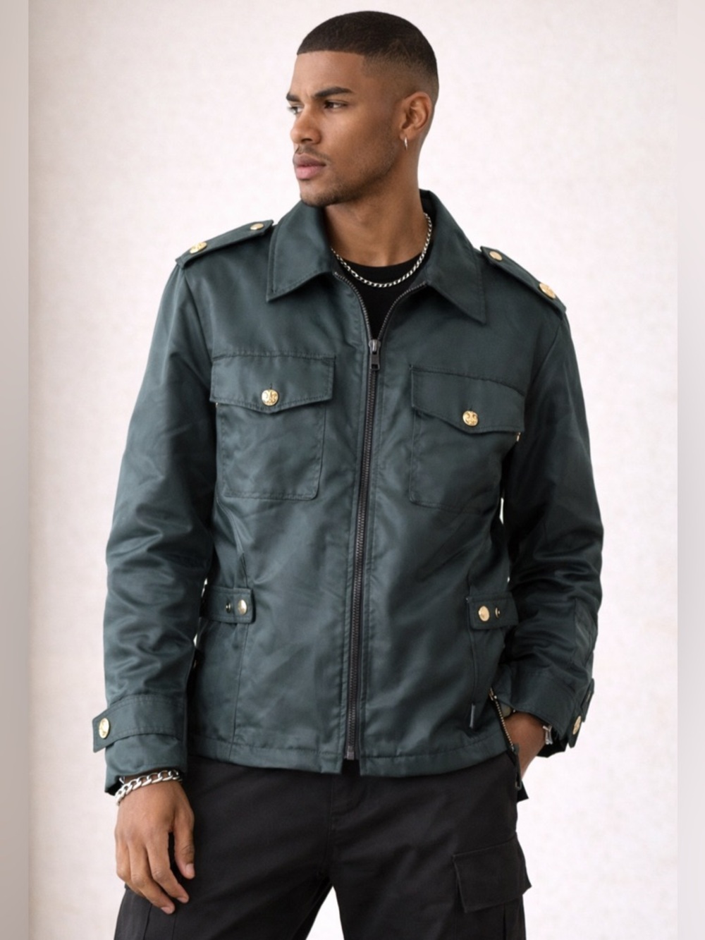 Vintage Policeman Zip Utility Jacket Gold Buttons Belted XL
